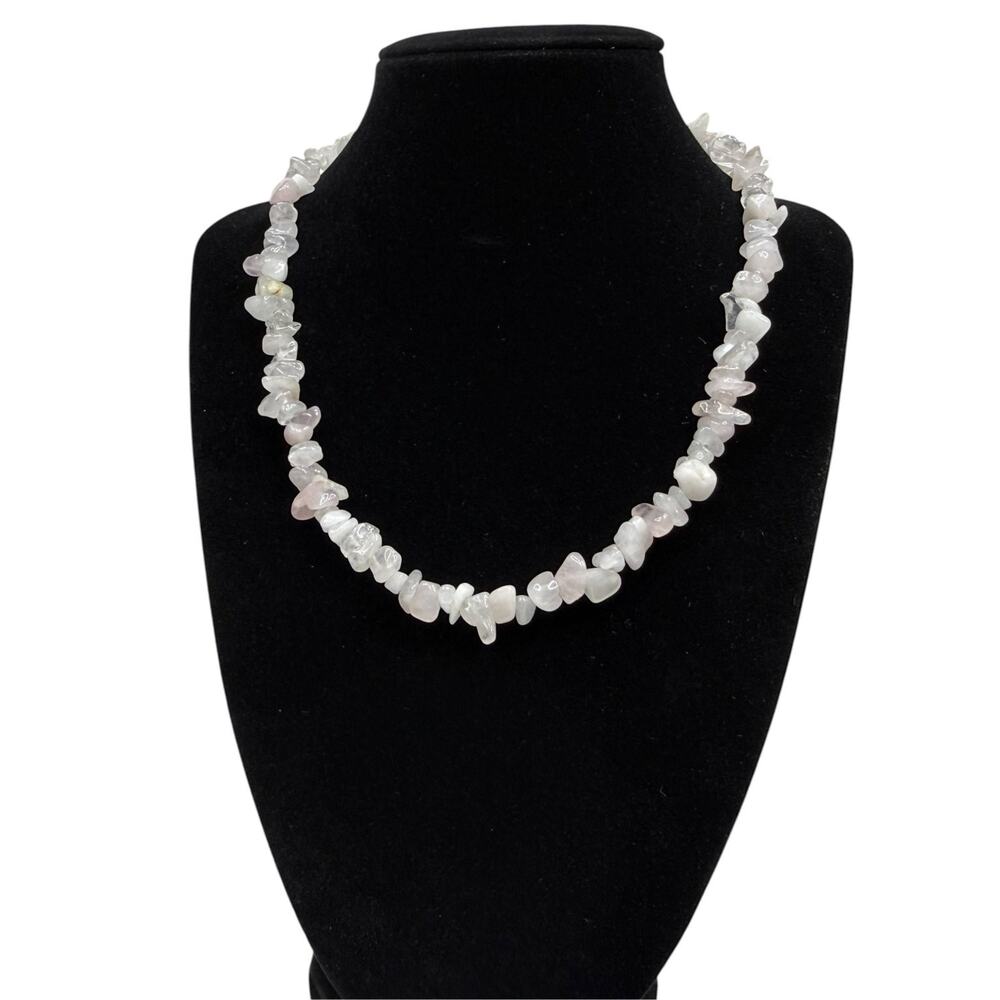Natural Rose & Clear Quartz Crystal Chip Nugget Bead Necklace Jewelry 17 in L